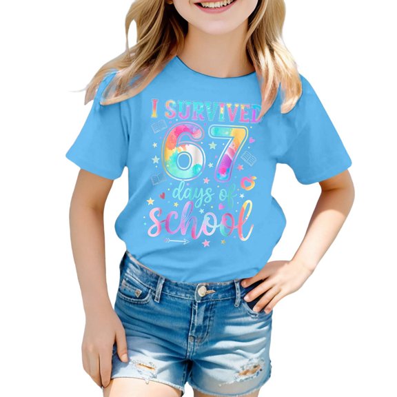 Rhuody Girls T Shirts Crewneck Blouse Short Sleeve Letter Print Relax Fitt Shirt Leisure Tops Relax Fit Basic clothes Blue 3-4 Years