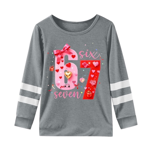 Rhuody Girls T Shirts Long Sleeve Blouse Cartoon Prints T Shirt O Neck Tops Cute Simple clothes Grey 9-10 Years