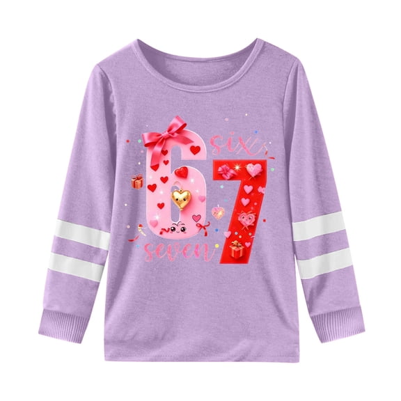 Rhuody Girls T Shirts Long Sleeve Blouse Cartoon Prints T Shirt O Neck Tops Fashionable Simple clothes Light Purple 5-6 Years