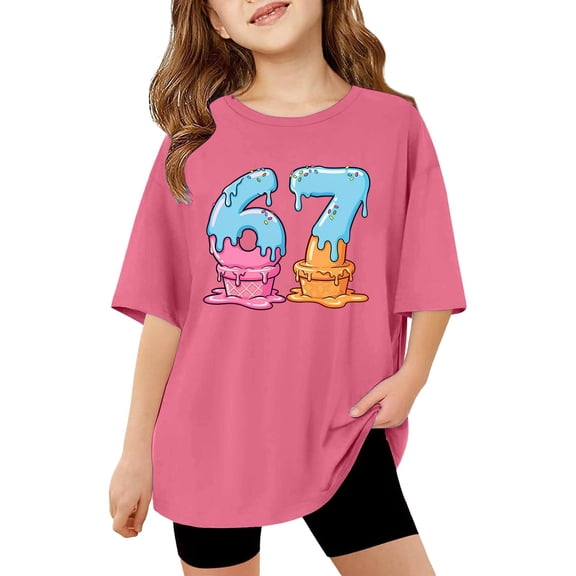 Rhuody Girls T Shirts Short Sleeve Blouse Grahic Prints T Shirt O Neck Leisure Tops Adorable clothes Hot Pink 7-8 Years