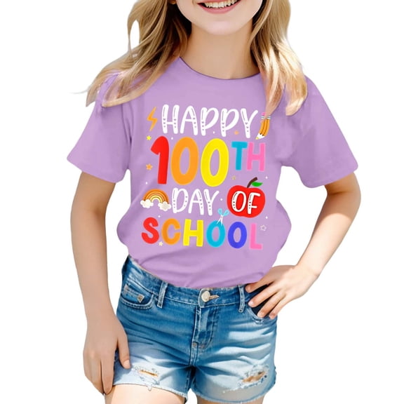 Rhuody Girls T Shirts Short Sleeve Blouse Letter Print Simple Style T Shirt O Neck Tops Lovely Basic clothes Purple 3-4 Years