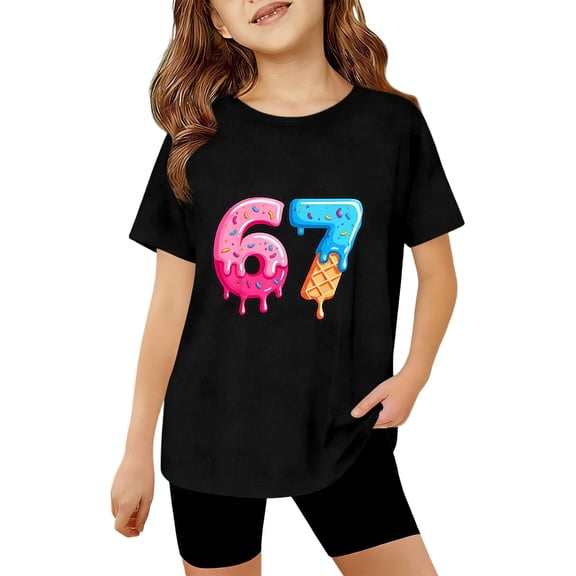 Rhuody Girls T Shirts Short Sleeve Blouse Round Neck T Shirt Cartoon Graphic Lightweight Tops Classic Basic Tee Clothes Black 3-4 Years