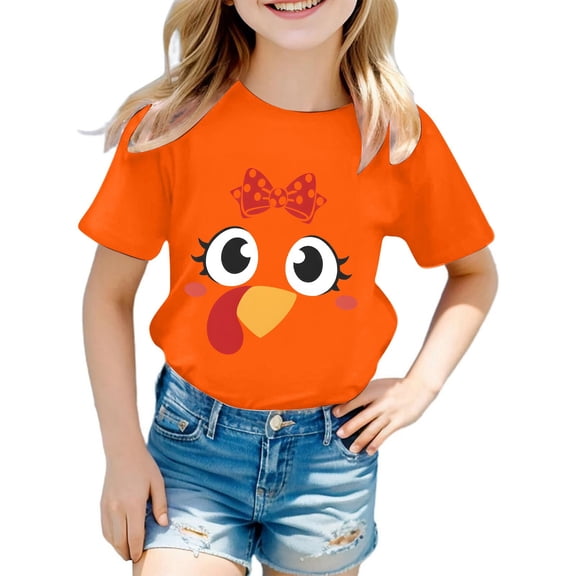 Rhuody Girls T Shirts Short Sleeve Tee Crewneck Cartoon Prints Daily Blouse Soft Tops Orange 1-2 Years