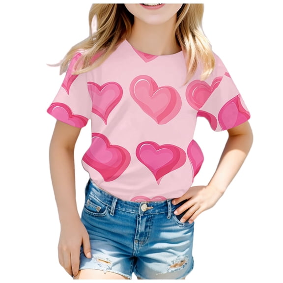 Rhuody Girls Valentine's Day Graphic T Shirts O Neck Tee Short Sleeve Daily Shirt Heart Prints Relax Fit Tops Pink 12-13 Years