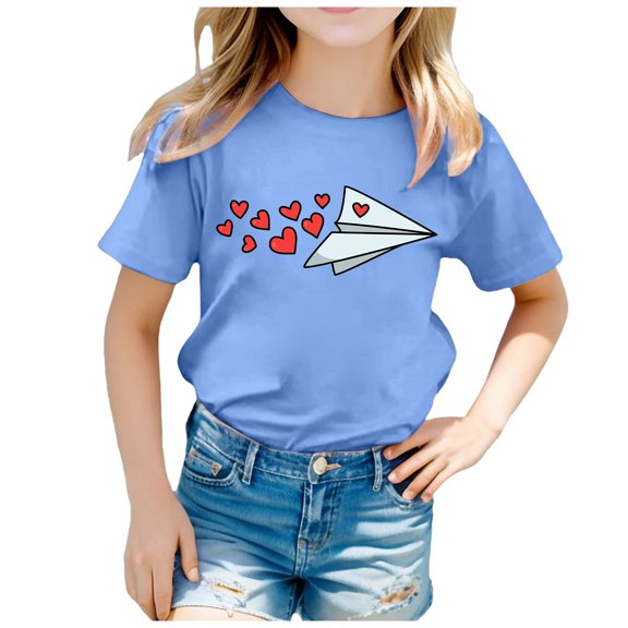 Rhuody Girls Valentine's Day T Shirts Round Neck Tee Short Sleeve Cartoon Prints Daily Blouse Soft Tops Light Blue 12-13 Years