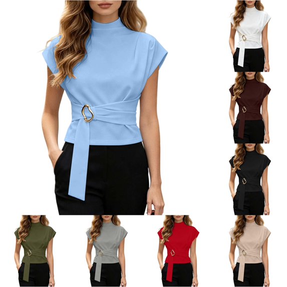 Rhuody Going Out Tops For Women Short Sleeve Crew Neck Button Front Solid Color Tee Durable Womens Clothes Light Blue