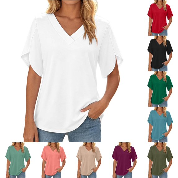 Rhuody Going Out Tops For Women Summer Solid Color T Shirt V Neck Short Sleeve Tops Casual Women'S Clothing White