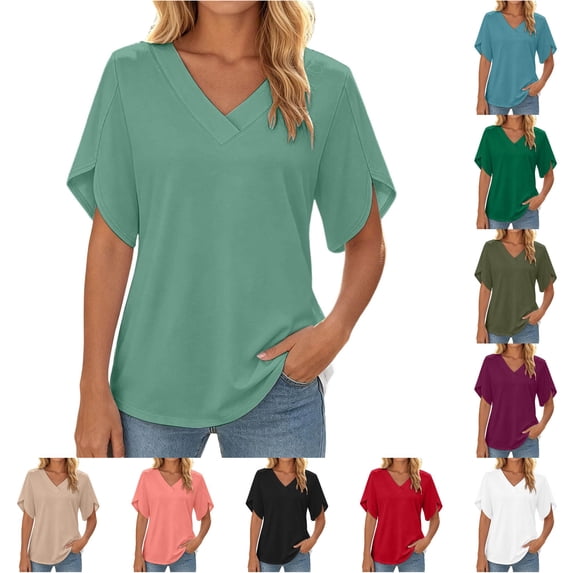 Rhuody Going Out Tops For Women Summer Solid Color T Shirt V Neck Short Sleeve Tops Charm Womens Clothes Light Green