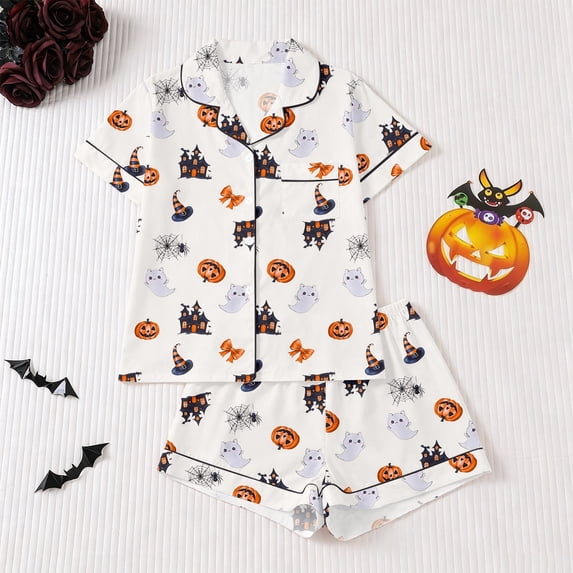 Rhuody Halloween Girl Pajamas Lapel Button Down Sleepwear Short Sleeve T Shirt Shorts Pumpkin Pattern Homewear 11-12 Years Leisure Clothes White