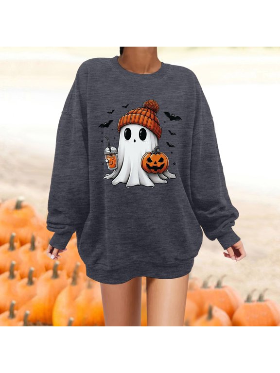 Halloween Sweatshirt For Women Round Neck Pullover Tops Ghost Prints Long Sleeve Hallowmas Blouse Fashion Clothes Xl Grey
