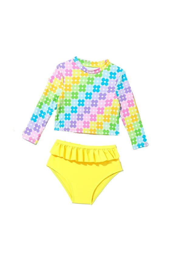Girl Swimsuit 9-12 Months Baby/Toddler Long Sleeve Rash Guard Upf50+ Sun Bikini Swimsuit Sweet Rash Guard Sets Yellow