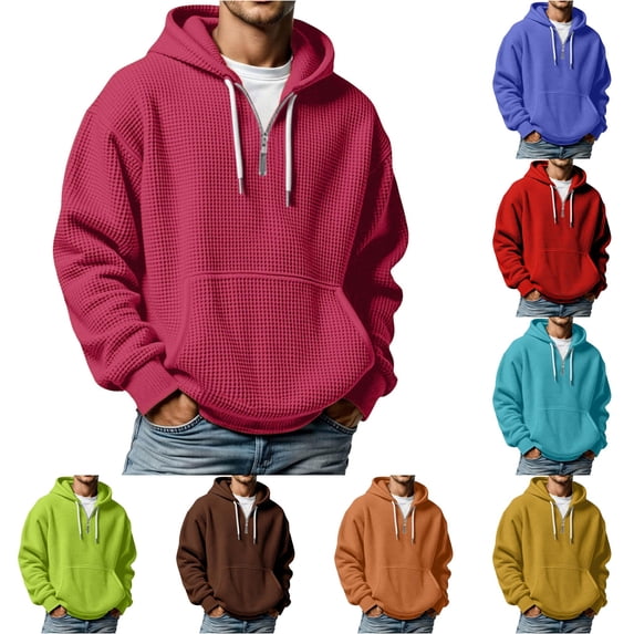 Rhuody Men Hoodies Long Sleeve Solid Color Round Neck Pullover Fleece Hooded Sweatshirt With Pocket 5Xl Hot Pink