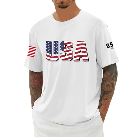 Rhuody Men T Shirt 4Th Of July Round Neck Tee Short Sleeve Independence Day Cartoon Prints Patriotics T Shirt Versatile Wear White Xs