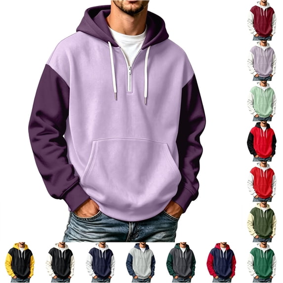 Rhuody Mens Hoodies O Neck Color Match Long Sleeve Sweatshirts Pullover Sweatshirt With Pocket 3Xl Purple