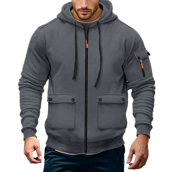 Rhuody Mens Jacket Men'S Long Sleeve Hooded Jacket Winter Lined Zip Up Outerwear Stylish Solid Color Coat Classic Tops Dark Gray Xl