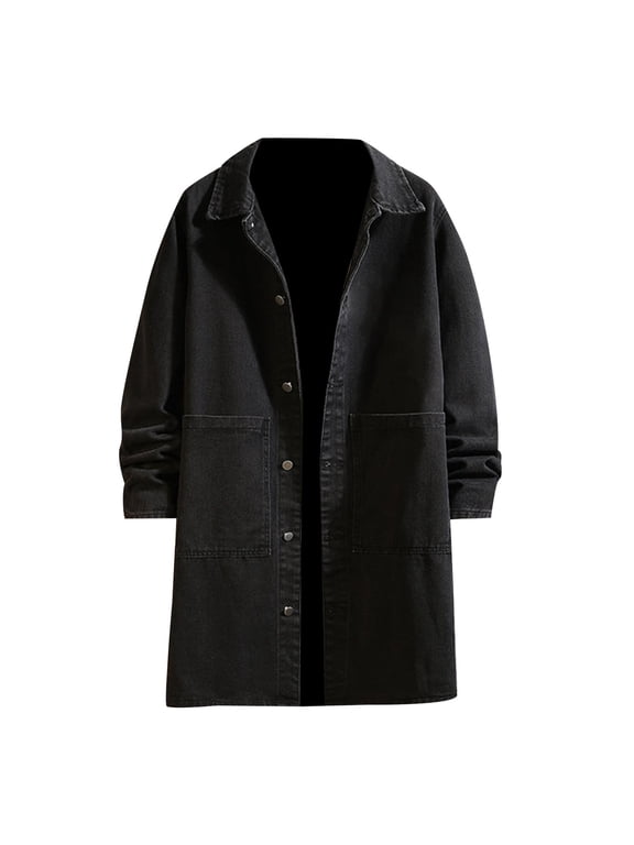 Mens Jacket Mens Winter Autumn Loose Long Sleeve Denim Trench Coat Long Coat Durable Tops Black L