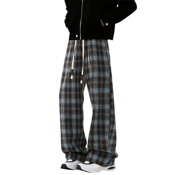 Rhuody Mens Pants Casual Plaid Print Workout Joggers Active Slacks Wide Leg Loose Fitting Everyday Straight Leg Trousers Retro Clothing Coffee L