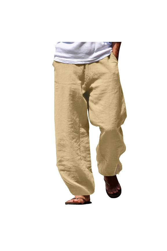 Mens Pants Linen Harem Drawstring Elastic Waist Beach Loose Yoga Pants Retro Clothes Khaki 5Xl