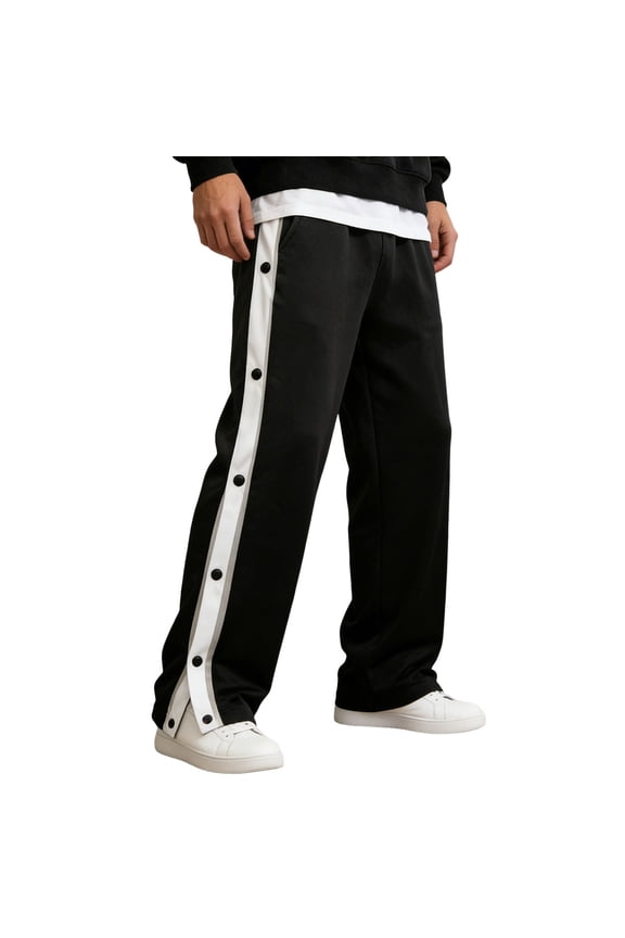 Mens Pants Straight Leg Mid Rise Quick Release Lined Basketball Sweatpants With Full Side Snap Buttons For Sports And Wear Leisure Trousers 5Xl Black
