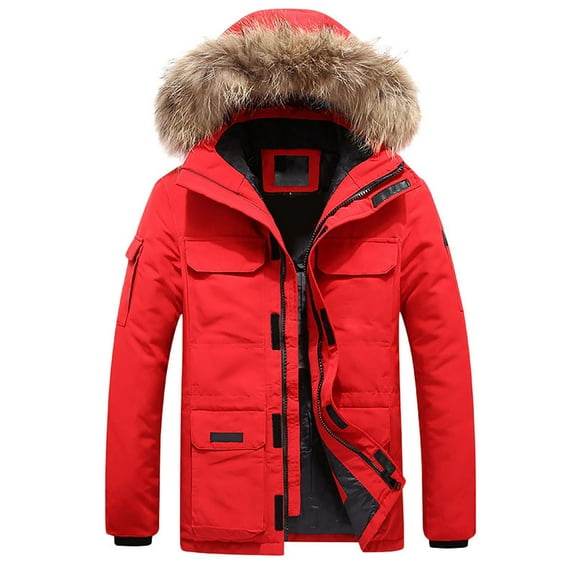 Rhuody Mens Winter Jacket Long Sleeve Winter Leisure Thickened Warm Padded Jacket Long Trend Handsome Goose Jacket Daily Coats Red L