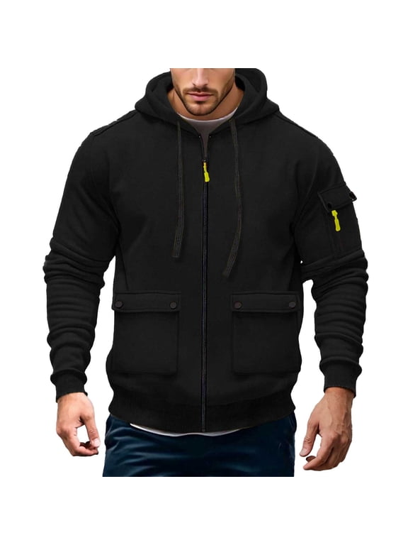Mens Winter Jacket Men'S Long Sleeve Hooded Jacket Winter Lined Zip Up Outerwear Stylish Solid Color Coat Classic Outfits Black S