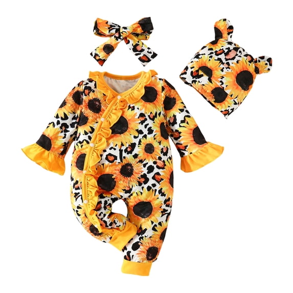 Rhuody Girl Onesie 6-9 Months Fall Jumpsuit Round Neck Floral Prints Romper Short Sleeve Bodysuit Fashion Clothing Yellow