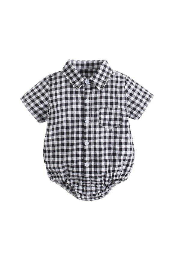 Onesies For Boy Crewneck Baby Short Sleeve Patchwork Plaid Shirt Romper Retro Wear Black 12-18 Months