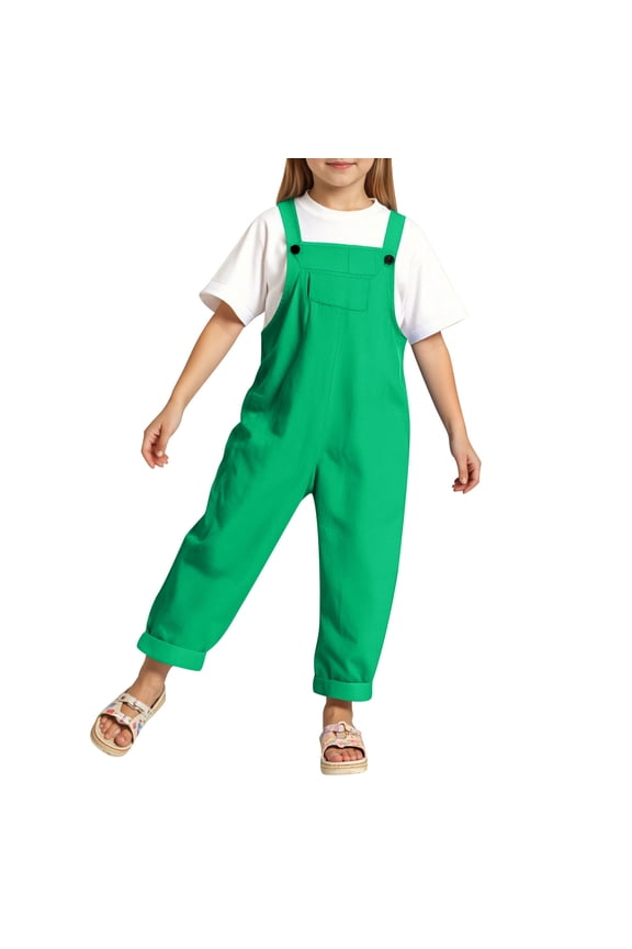 Onesies For Girls Sleeveless Round Neck Overall Solid Color Trousers Children'S Suspenders Basic Clothes Green 15-16 Years