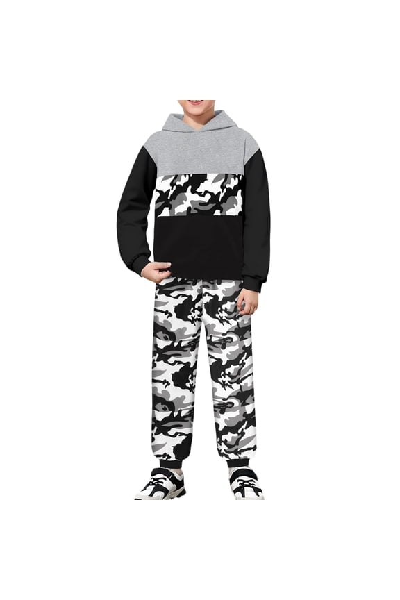 Outfits For Boys Crewneck Short Sleeve Color Hoodie And Camo Jogger Two Piece Outfit For Kids Versatile Clothes 2-3 Years Grey