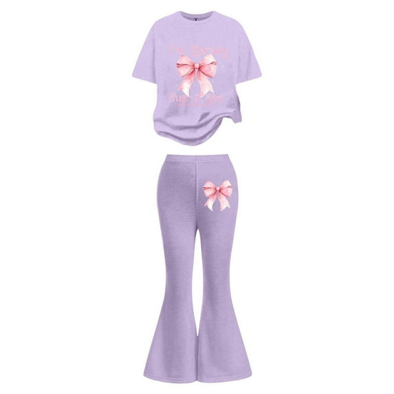 Rhuody Outfits For Girl Round Neck Joggersuit Short Sleeve Solid Color Top Flared Pants Cute Springs Wear Purple 8-9 Years