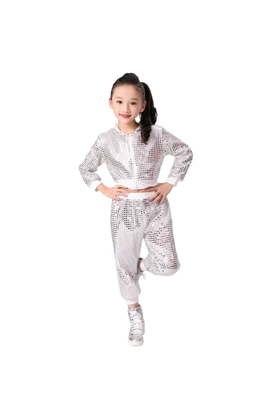 Outfits For Girls Crewneck Long Sleeve Kids Sequin Glitter Party Carnival Gown Top Pants Outfits Set Retro Clothing 3-4 Years White