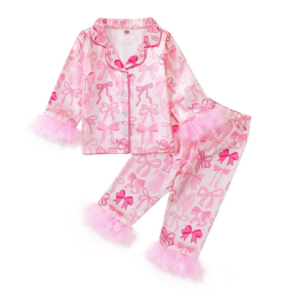 Rhuody Outfits For Girls Bow Print Flannel Pajama Long Sleeve Holiday Sleepwear With Fringe Trim Cozy Nightwear Turn Over Collar Jammies Basic Clothing Pink 18-24 Months