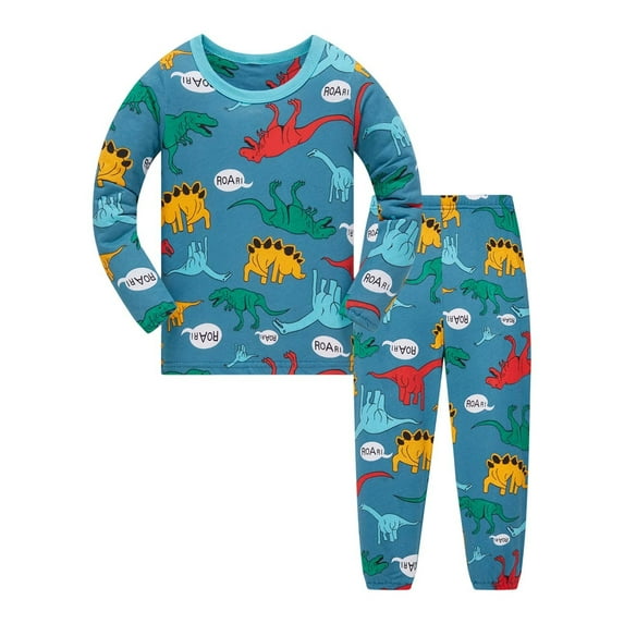 Rhuody Pajamas For Boys Crewneck Nightwear Long Sleeve Tops Pants Kids Cartoon Prints Sleepwear Trend Wear Blue 3-4 Years