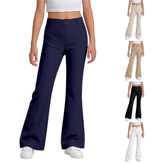 Rhuody Pants For Girl Empire Waist Flare Trousers Solid Color Straight Leg Slacks Soft Daily Wear 7-8 Years Navy