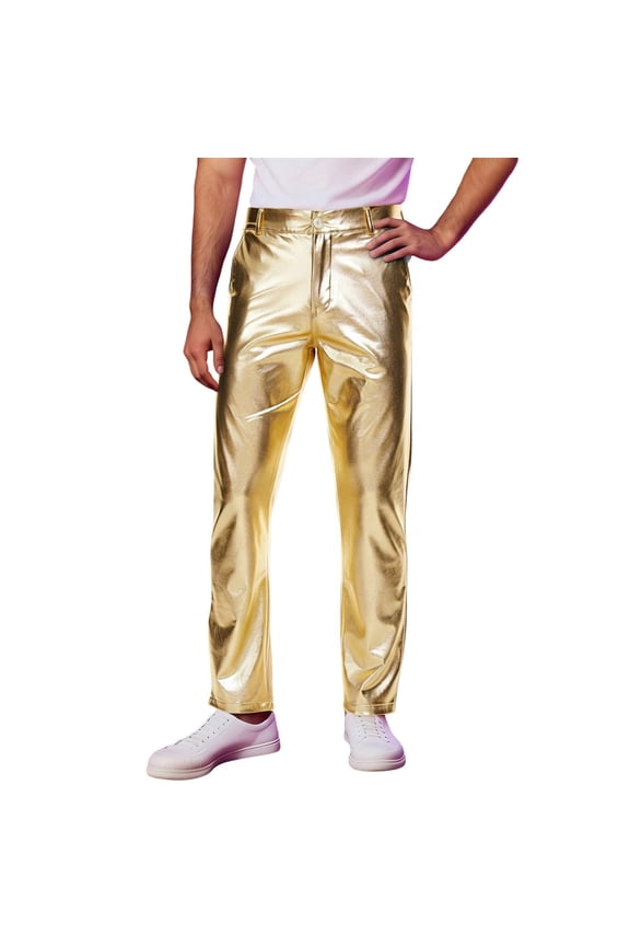 Pants For Men Straight Leg Mid Rise Metallic Disco Pants Shiny Trousers For Party Dance Club Night Out Fit Simple Style Clothes 3Xl Gold