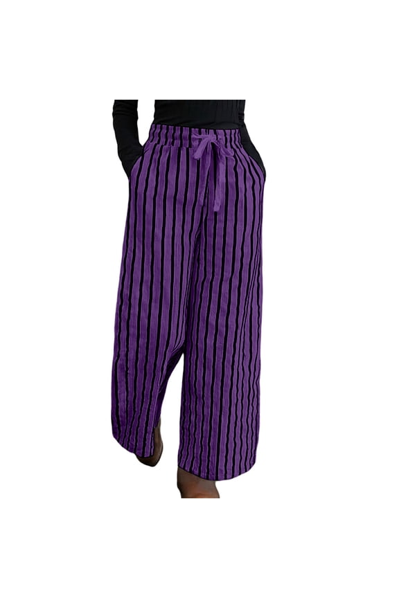 Pants For Womens High Waist Loose Fit Linen Blend Striped Wide Leg Pants For And Relaxed Straight Leg Slacks Simple Wear Purple L