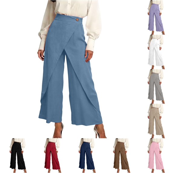 Rhuody Pants For Womens Staight Leg Loose Fit High Waist Solid Color Trousers Elegant Wear L Blue
