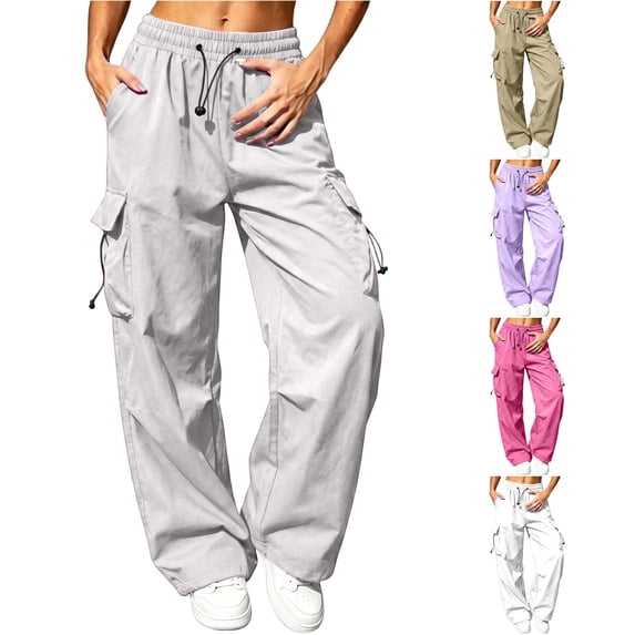 Rhuody Pants For Womens Wide Leg Loose Fit Elastic Waist Solid Color Trousers With Pocket Fashion Wear 2Xl Grey