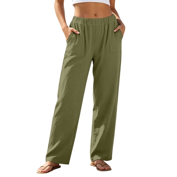 Rhuody Pants For Women Straight Leg Empire Waist Trousers Flowy Solid Color Lightweight Sport Length Pants With Pockets Adorable Everyday Outfit Green M