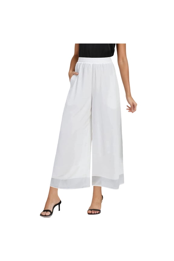 Plus Size Pants For Womens Flowy Wide Leg Pants High Waisted Elastic Waistband Chiffon Trousers With Pockets Retro Daily Wear White 3Xl