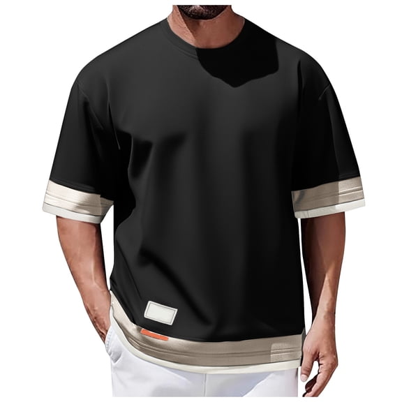 Rhuody Short Sleeve mens t shirt Color Blocked Round Neck Business Men Loose Tee Solid color Tops Handsome Clothes Black 2XL