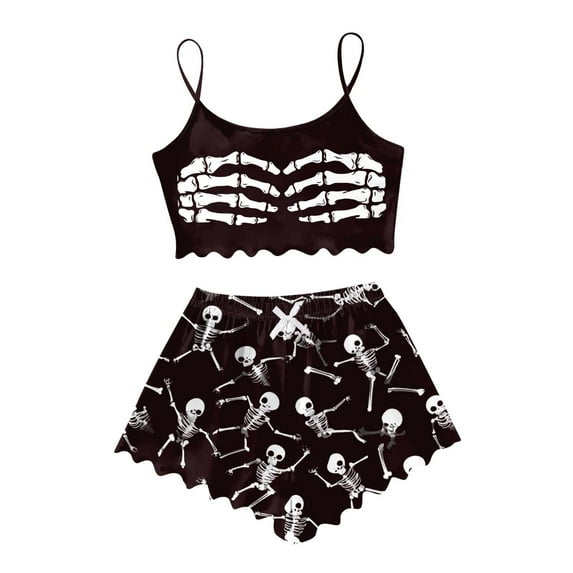 Rhuody Sleeveless Halloween Pajamas Women Vest Shorts Set Casual Home Ghost Print Pumpkin Skeleton Pattern Camisole Sleepwear 2 Piece Pjs Set Sexy Sleepwear Daily Festival Home Wear 2Xl Wine
