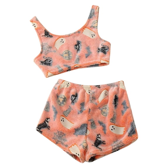 Rhuody Sleeveless Halloween Pjs Women Glow In The Dark Flannel Pjs Set Autumn Winter Homewear With Pumpkin Ghost Prints Cozy Sleepwear Festival Home Clothing S Orange