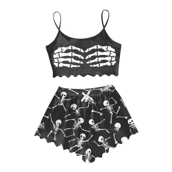 Rhuody Sleeveless Pajamas For Womens Halloween Vest Shorts Set Casual Home Ghost Print Pumpkin Skeleton Pattern Camisole Sleepwear 2 Piece Pjs Set Classic Sleepwear Festival Homewear L Dark Gray