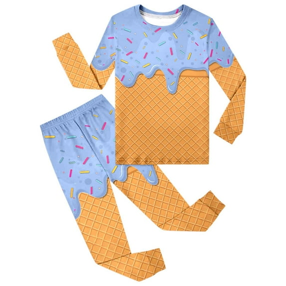 Rhuody Spring Pajamas For Boys Long Sleeve Sleepwear Ice Print Top And Pants Crewneck Nightwear Comfortable Outfits Light Blue 3-4 Years