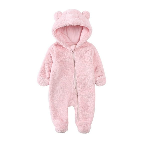 Rhuody Spring Romper For Boys Crewneck Long Sleeve Baby Boys Girls Snowsuit Winter Coat Solid Color Bear Warm Warm Hooded Footed Romper Jumpsuit Outfits Basic Wear Pink 0-3 Months