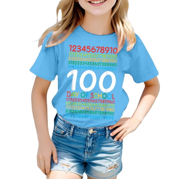 Rhuody Spring T Shirts For Girls Round Neck Blouse Short Sleeve Lightweight T Shirt Cartoon Prints Tops Classic Basic clothes Blue 6-7 Years