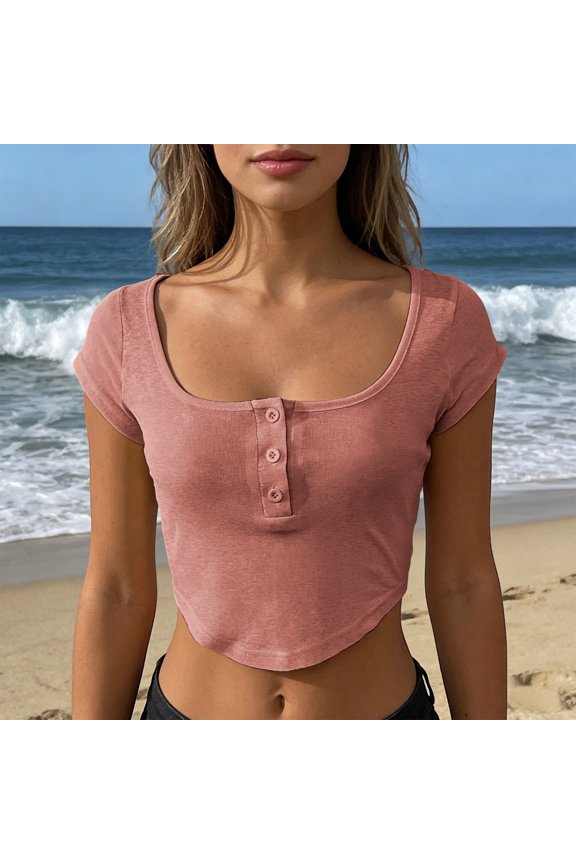 Spring Tops For Womens Summer Short Sleeve Button Down Collar Slim Fit Cropped See Through Tee For Cute Clothes Rd2 L