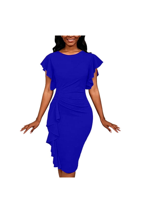 Summer Dresses For Women 2026 Solid Color Dresses Round Neck Flared Sleeves And Side Slit Tunic Dress With Pocket Basic Clothing Xl Blue