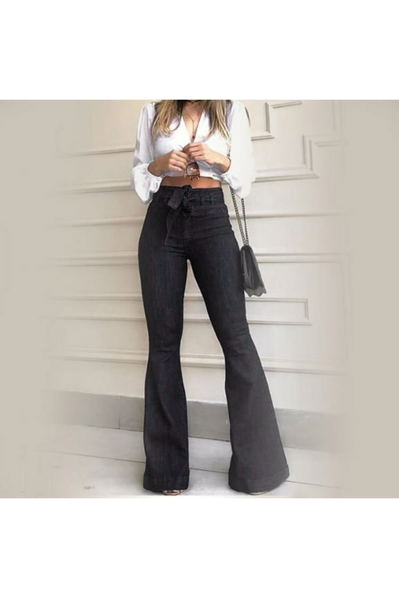 Summer Pants For Womens Straight Leg High Waist solid Destroyed Flare Jeans Elastic Waist Bell Bottom Hem Denim Pants Basic Wear 2Xl Black